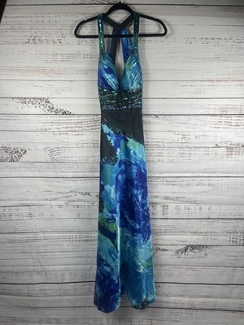 David's Bridal Dress Womens 6 Blue Tie Dye Sequin V Neck Maxi Formal Gown